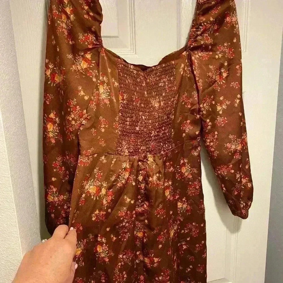 Vici Women's Floral Square Neckline Puff Sleeve Midi Slit Brown Pretty Dress S - Picture 5 of 16